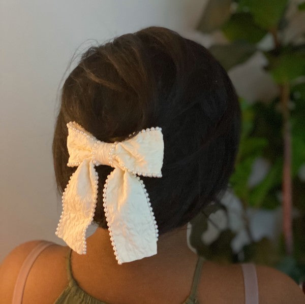 Palace Pearl Embellished Bow Barrette – Elegant Textured Hair Clip