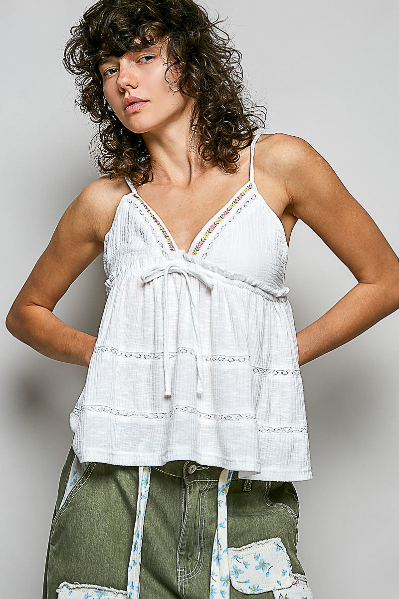 POL V-Neck Embroidered Trim Ruffled Cami in Off White