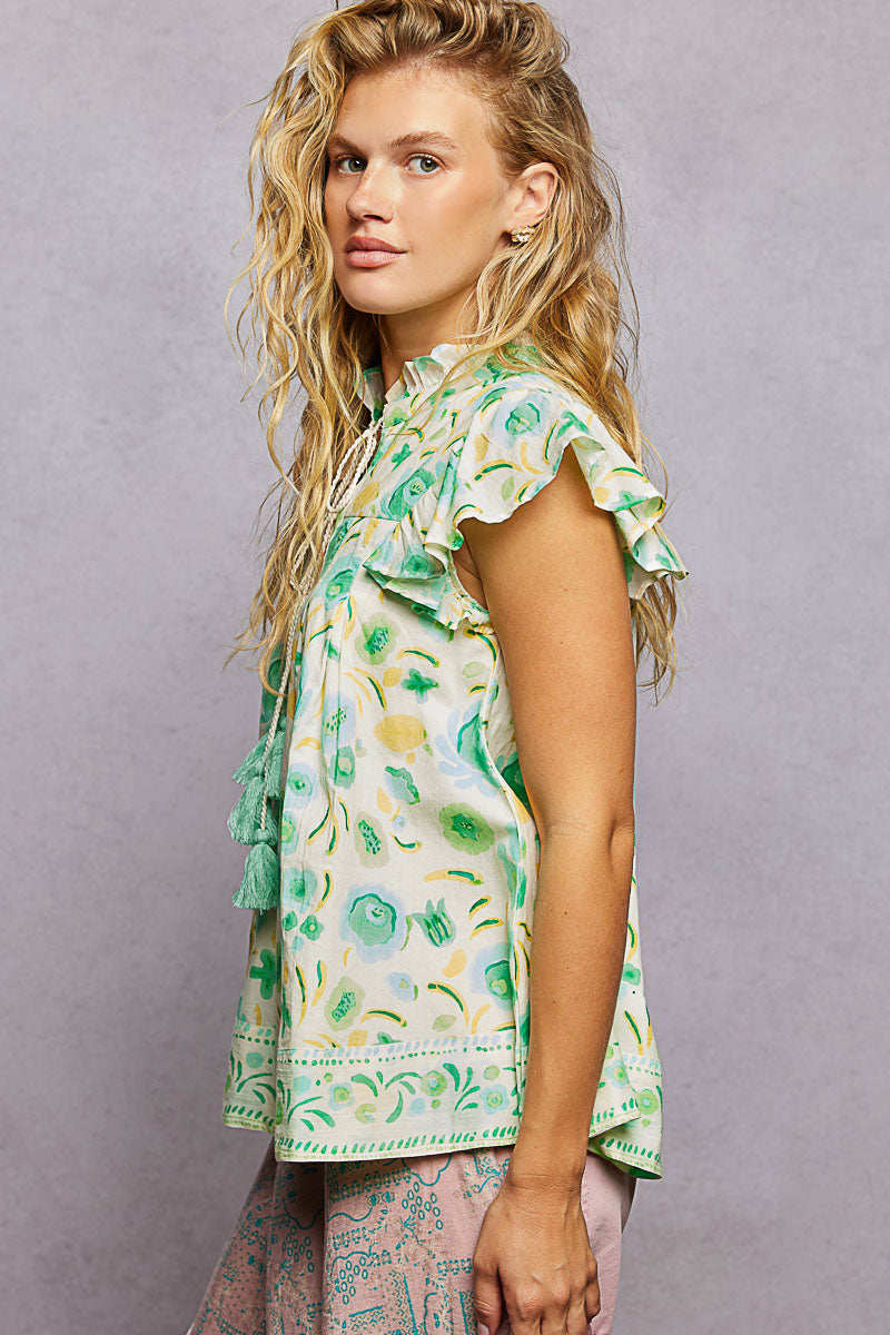 POL Tassel Tied Floral Flutter Sleeve Blouse in Mint