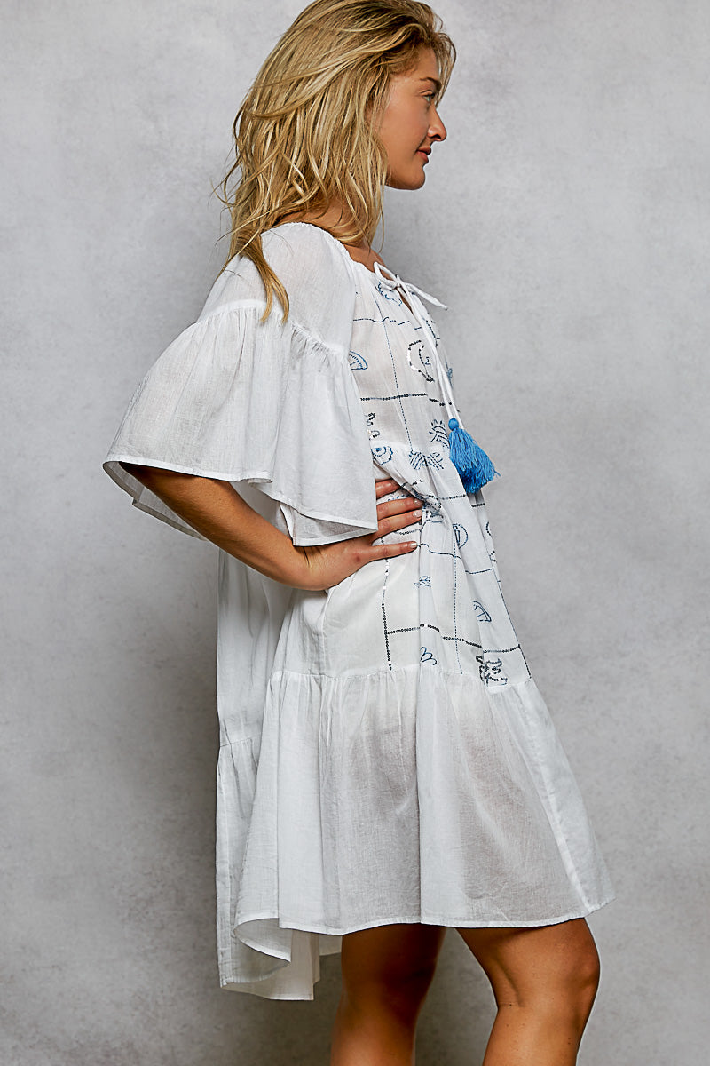 POL Tied Tassel Embroidery Half Flared Sleeve Mini Dress