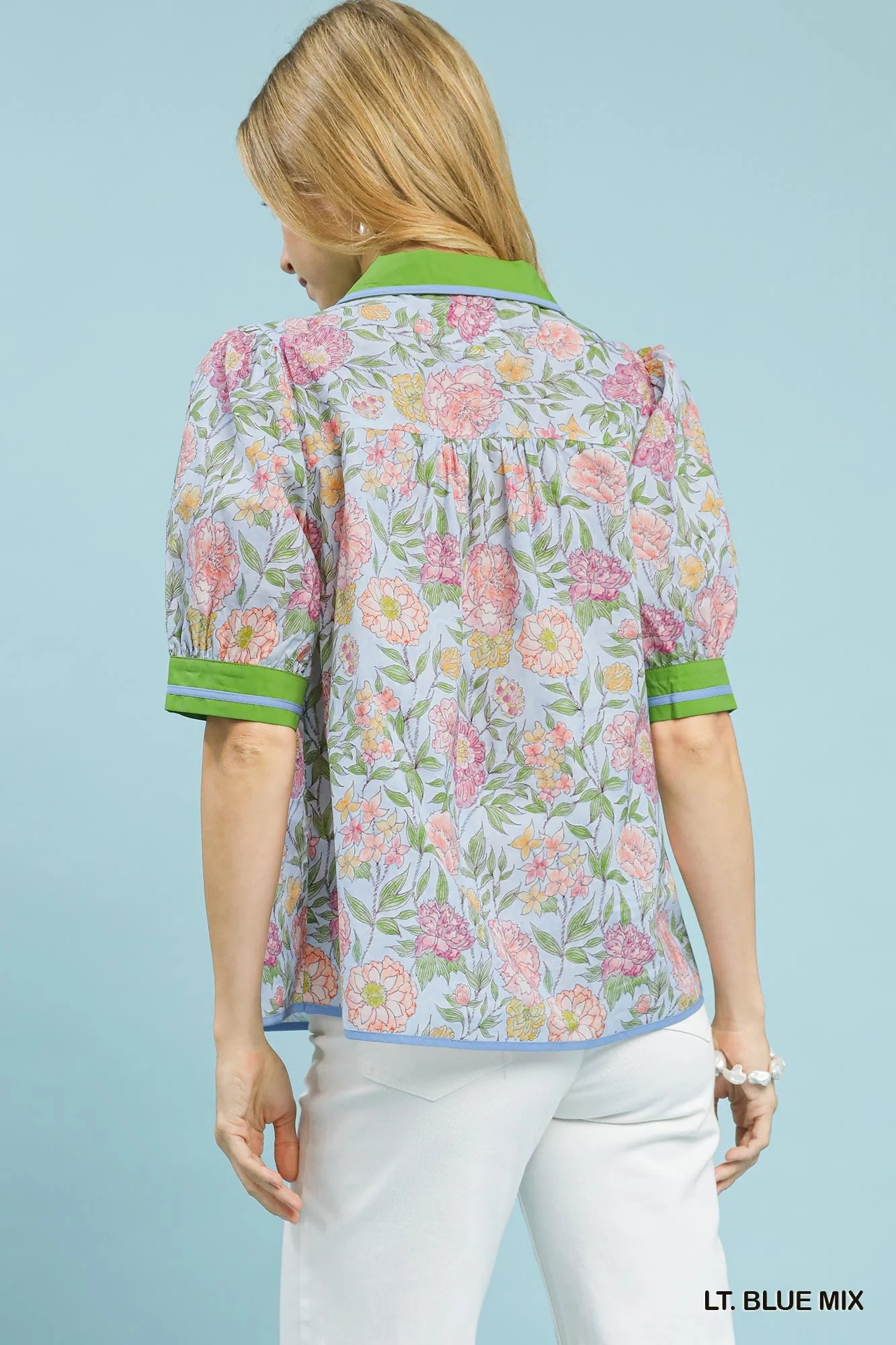 Umgee Mix Floral Puff Sleeve Blouse with Contrast Trim in Blue