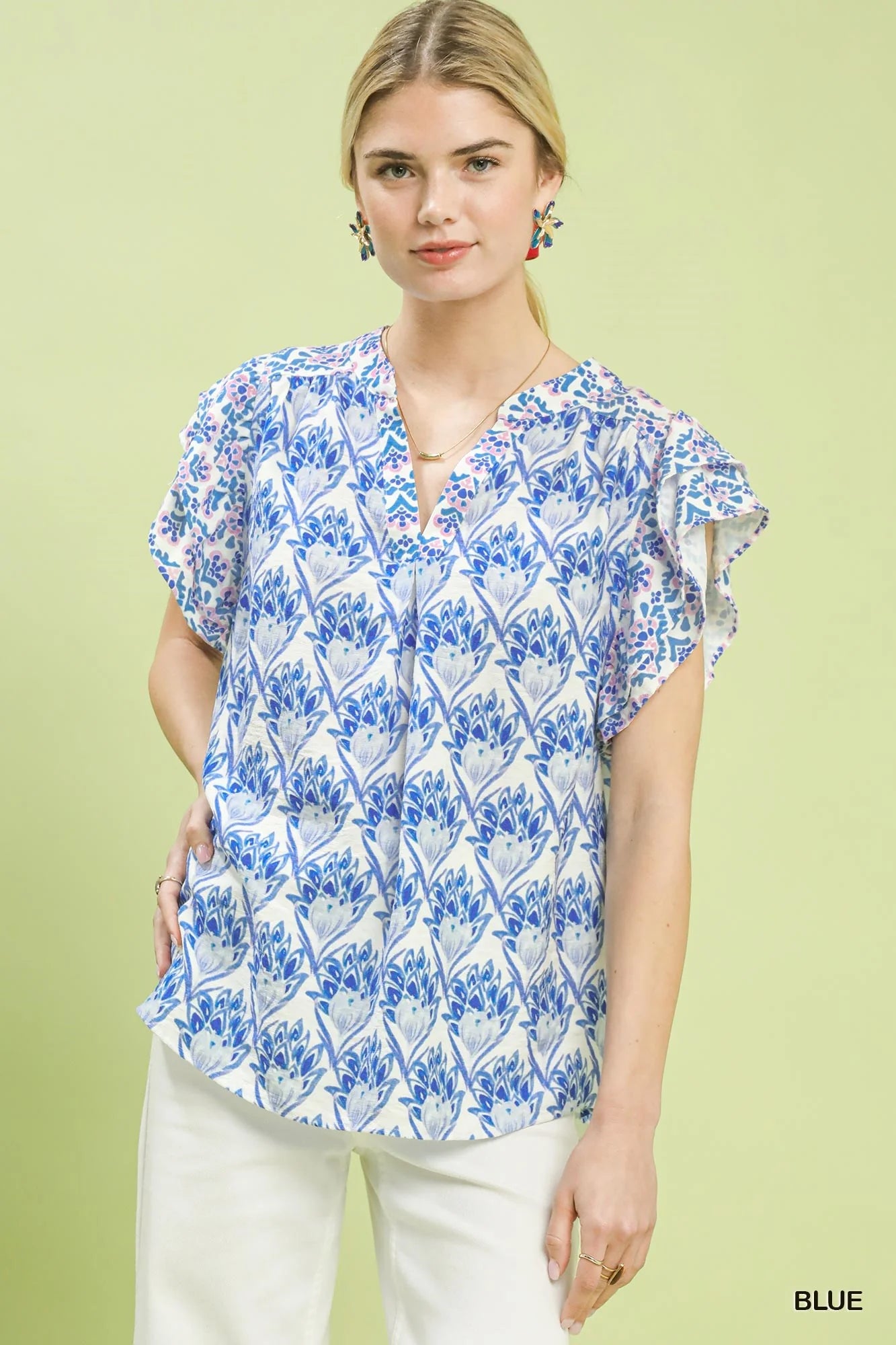 Umgee Double Frill Sleeve Floral Blouse in Blue