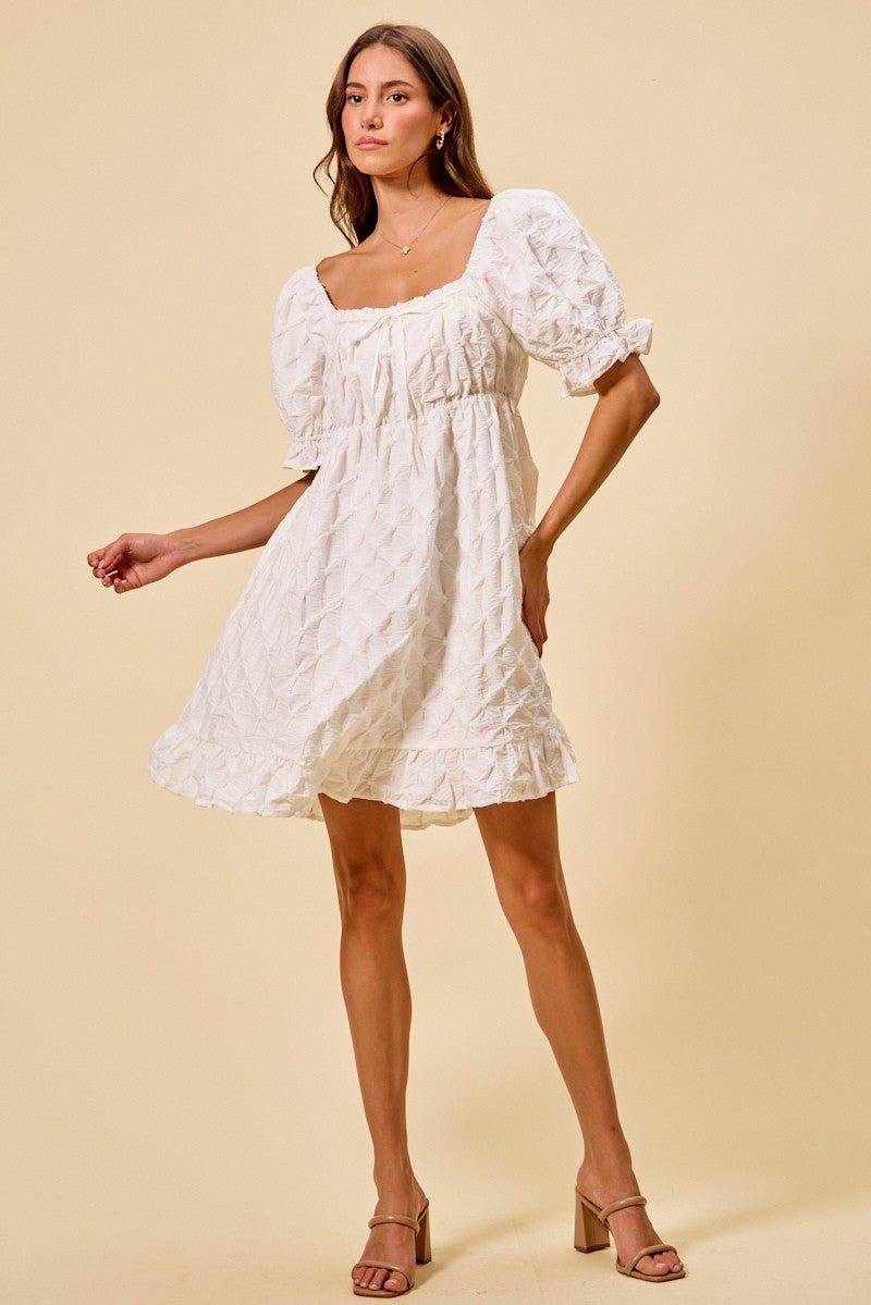 SO ME Texture Woven Ruching On Bust Mini Dress in White