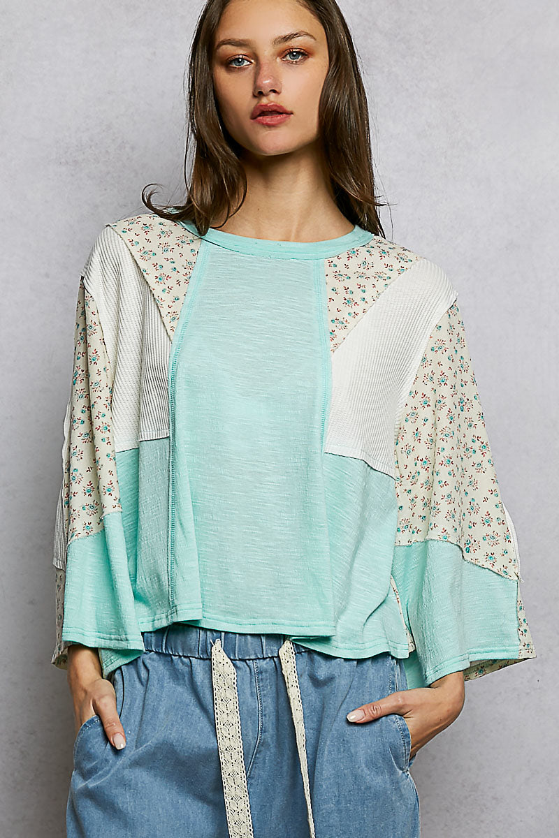 POL Exposed Seam Floral Patchwork Round Neck Textured Slub Knit Top in Aqua