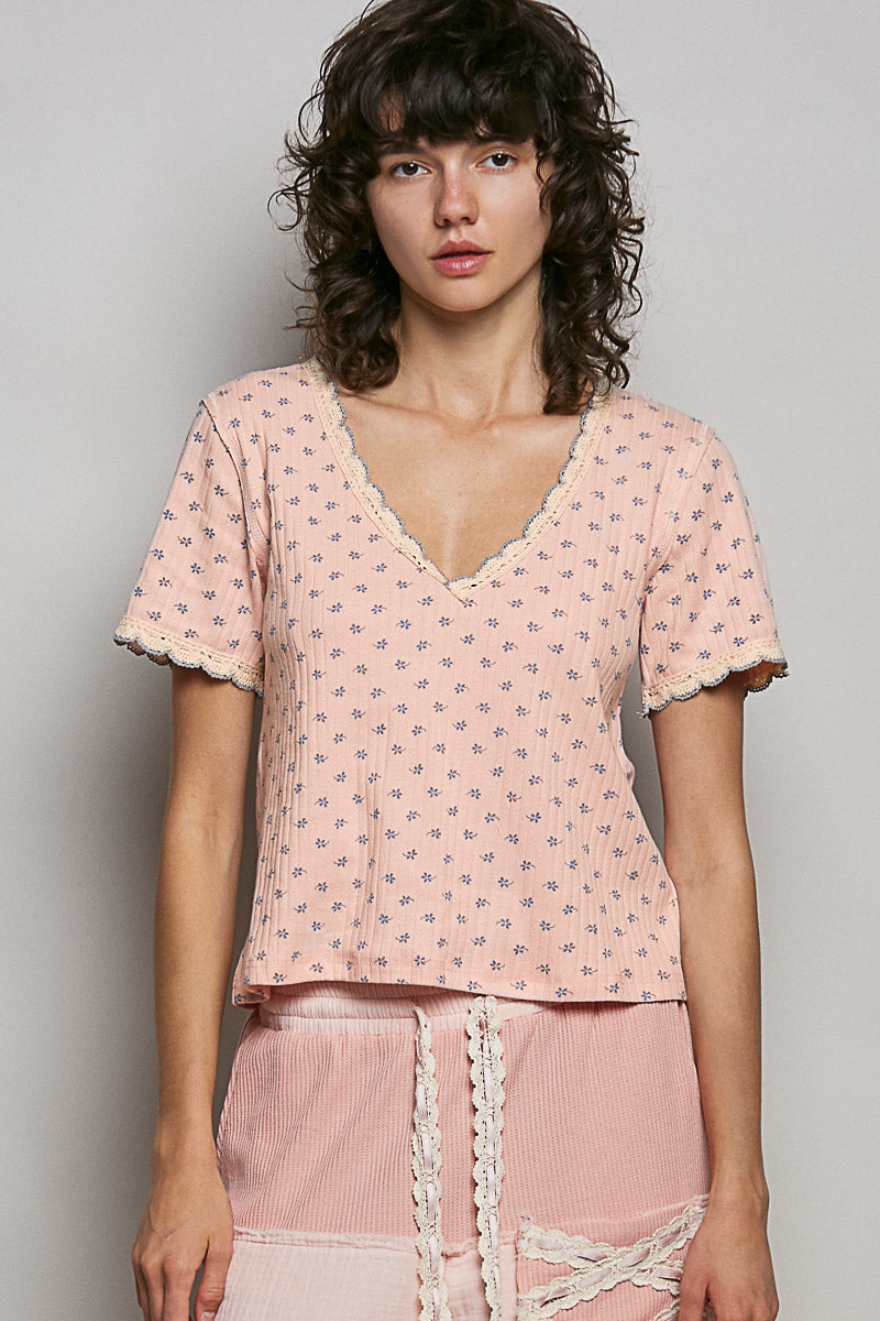 POL Floral V-Neck Short Sleeve Rib T-Shirt in Pink