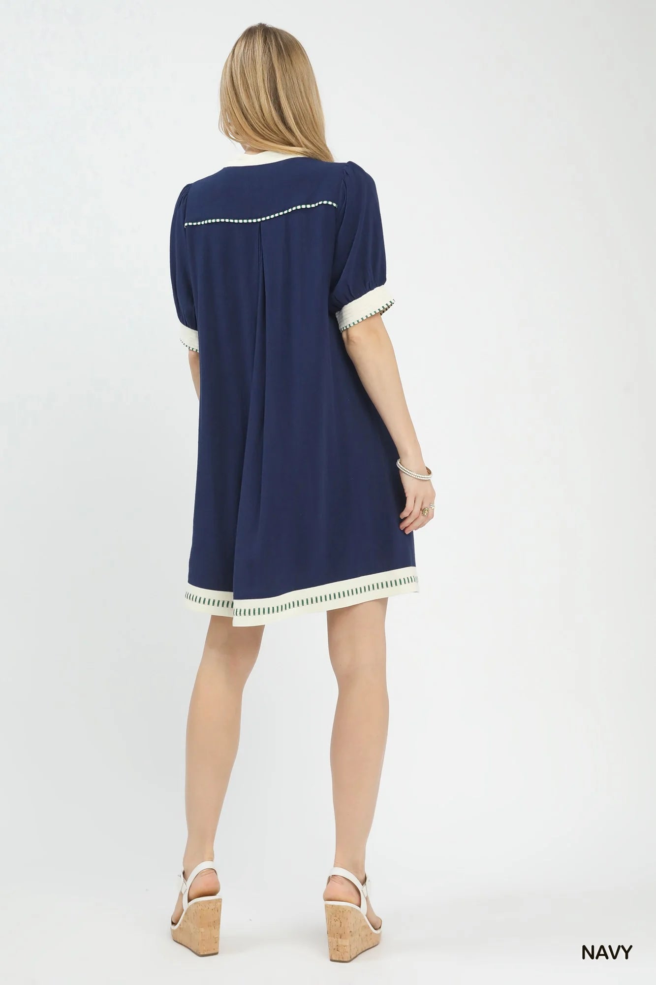 Umgee Linen Contrast Trim Midi Dress in Navy