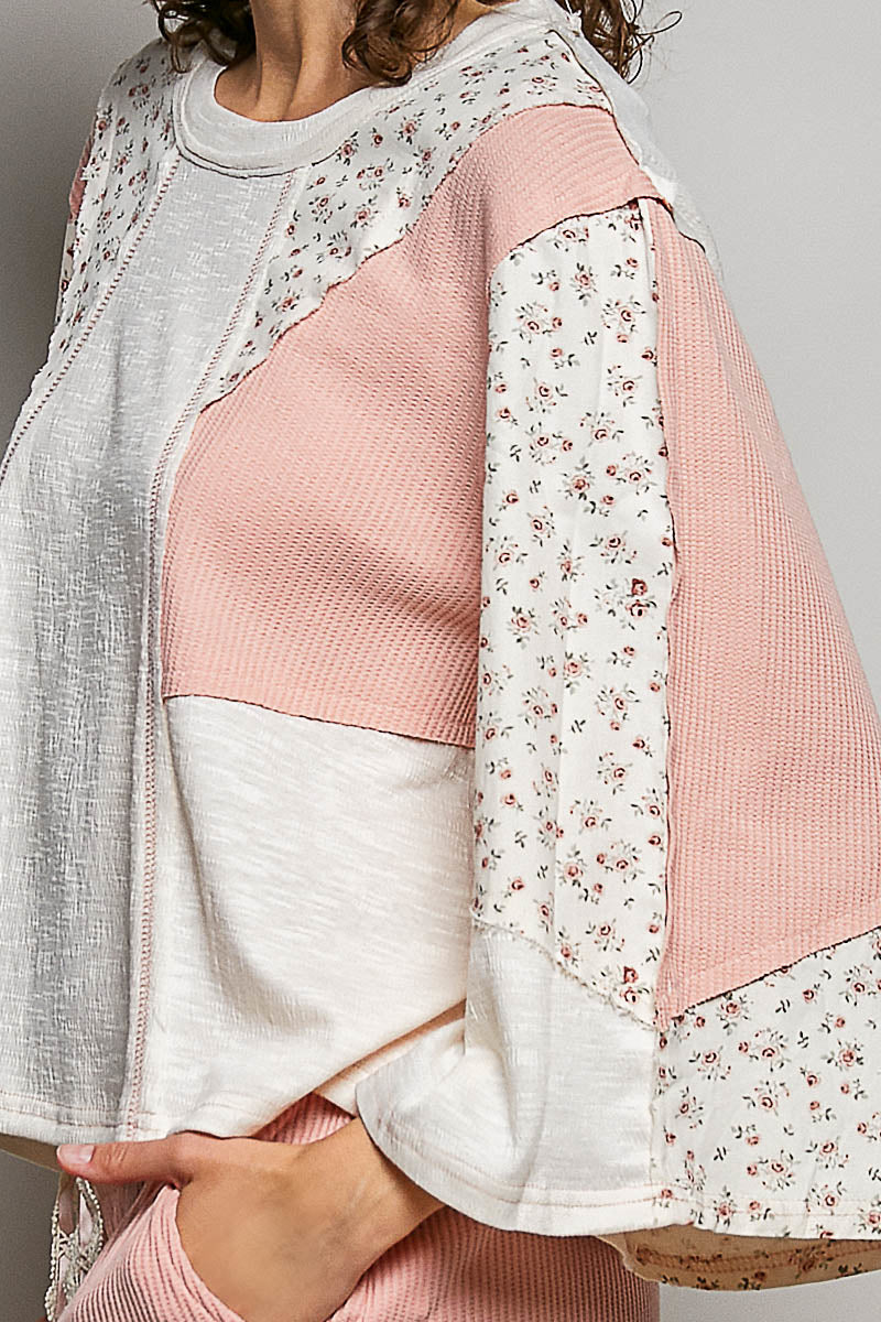 POL Exposed Seam Floral Patchwork Round Neck Textured Slub Knit Top in Natural