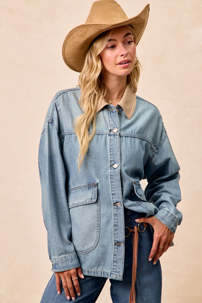 BiBi Washed Denim Contrast Collar Jacket