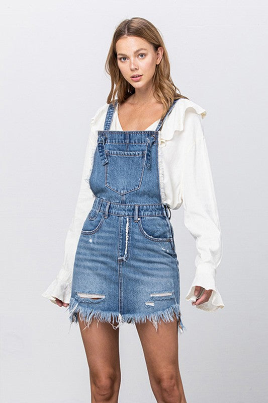 Denim Lab USA |Frayed Denim Overalls Dress