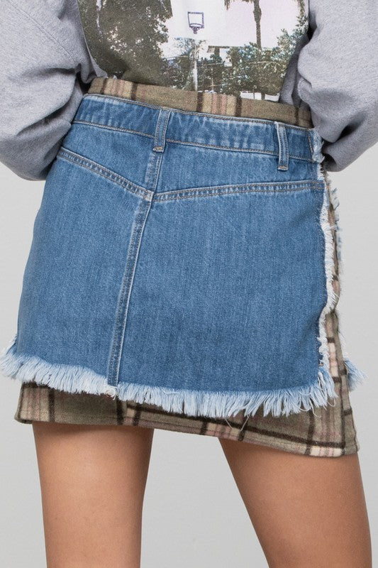 Denim Lab USA |Plaid Checker Mini Denim Skirt