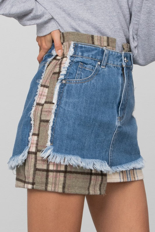 Denim Lab USA |Plaid Checker Mini Denim Skirt