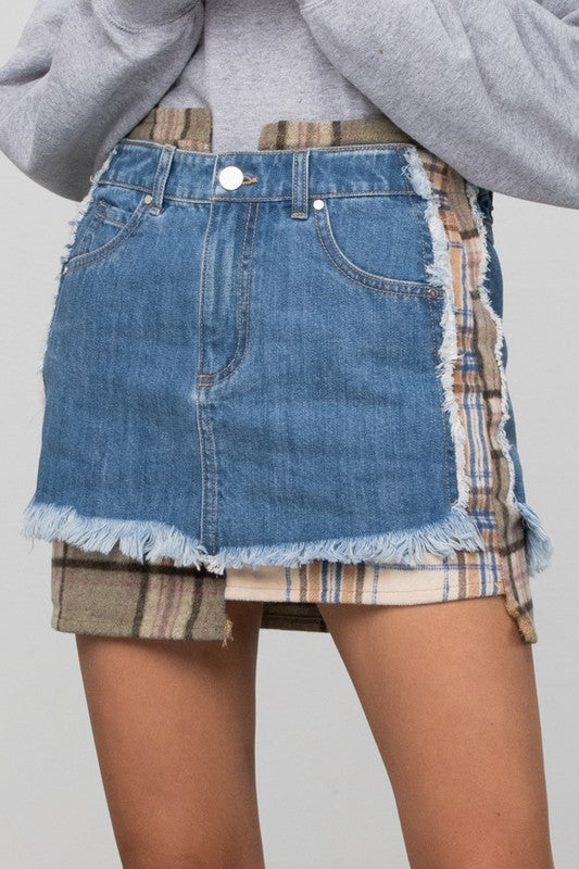 Denim Lab USA |Plaid Checker Mini Denim Skirt