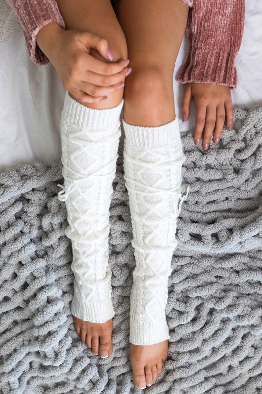 Cozy Cable Knit Long Tie Leg Warmers – Adjustable Cottagecore Winter Layering Accessories