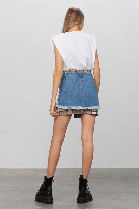 Denim Lab USA |Plaid Checker Mini Denim Skirt