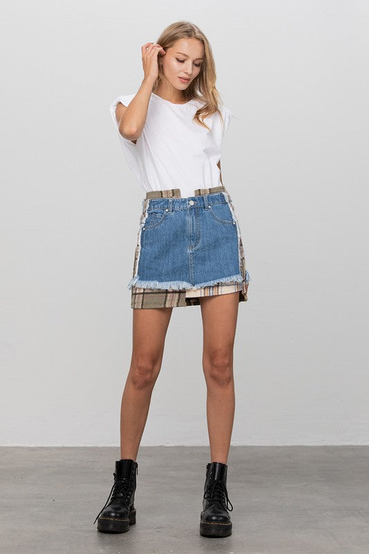 Denim Lab USA |Plaid Checker Mini Denim Skirt