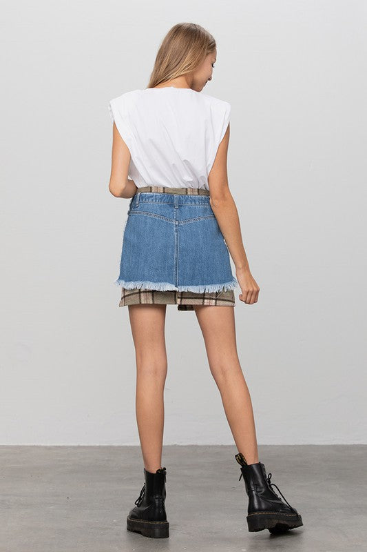 Denim Lab USA |Plaid Checker Mini Denim Skirt