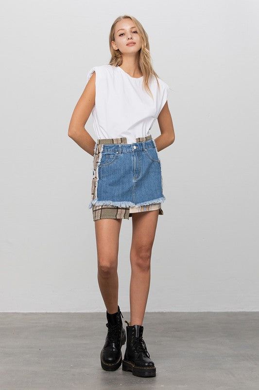 Denim Lab USA |Plaid Checker Mini Denim Skirt