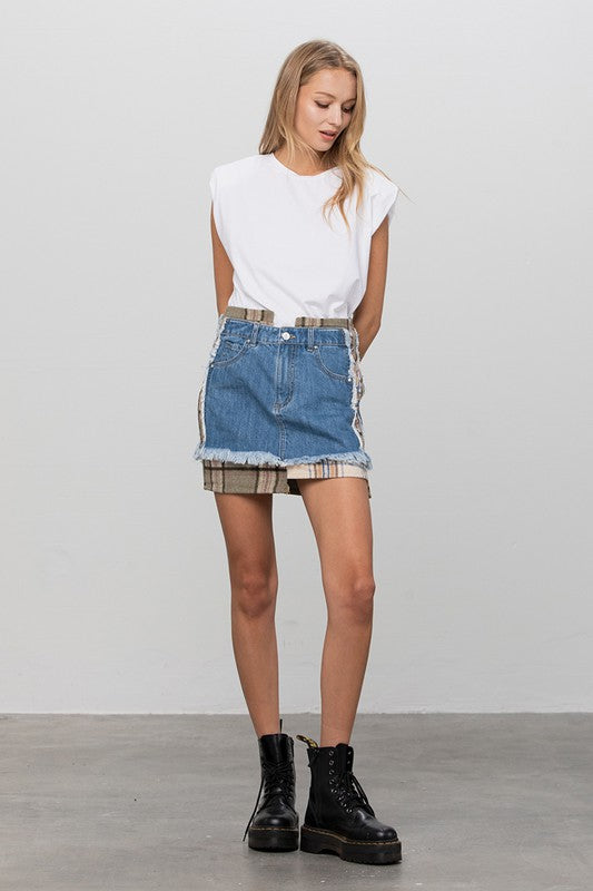 Denim Lab USA |Plaid Checker Mini Denim Skirt