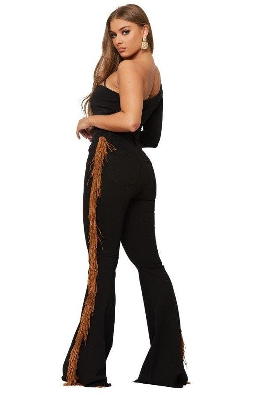 Black Bell Bottom Jean with Side Fringe - Inseam 34