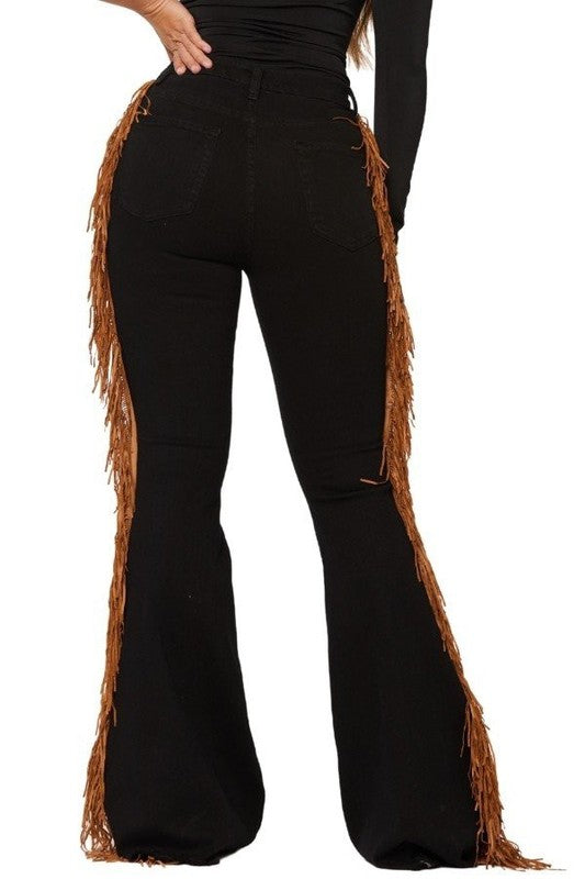 Black Bell Bottom Jean with Side Fringe - Inseam 34