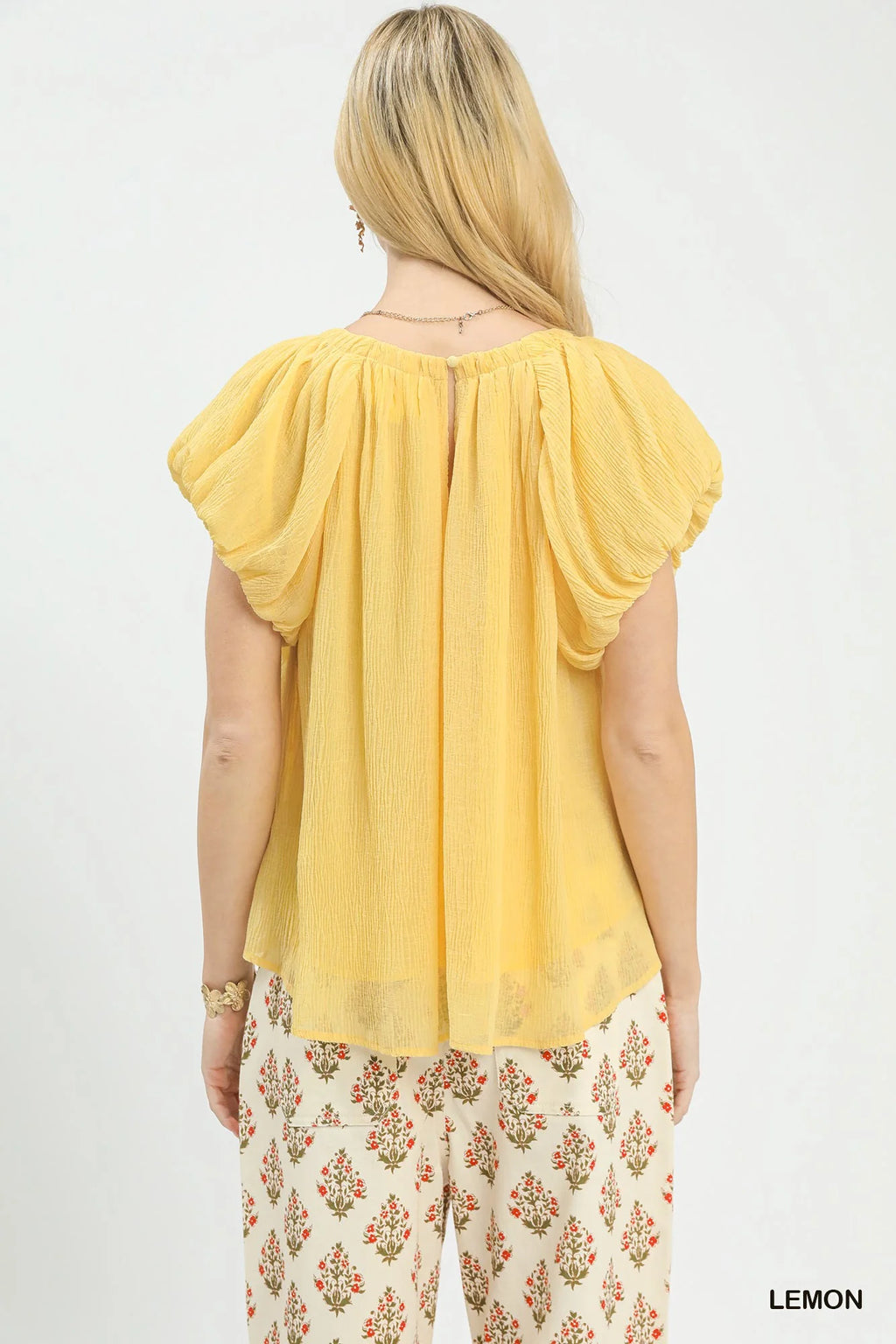 Umgee Crinkle Flutter Sleeve Peasant Top in Lemon