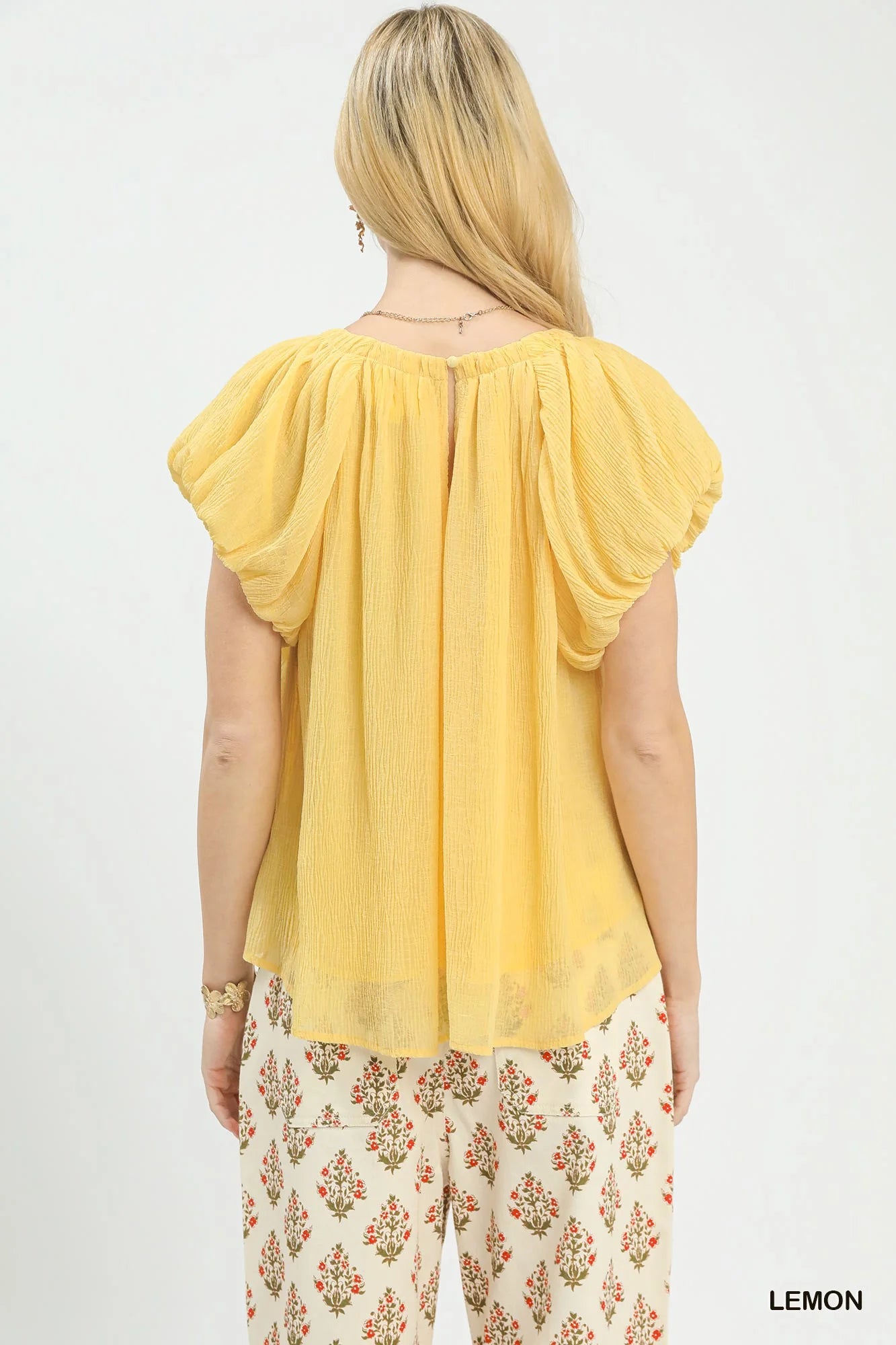 Umgee Crinkle Flutter Sleeve Peasant Top in Lemon