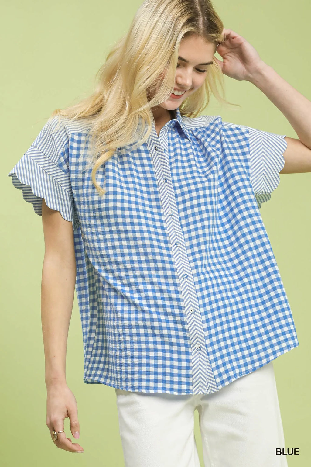 Umgee Mixed Gingham Short Sleeve Shirt in Blue