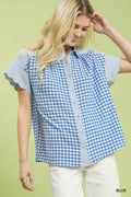 Umgee Mixed Gingham Short Sleeve Shirt in Blue