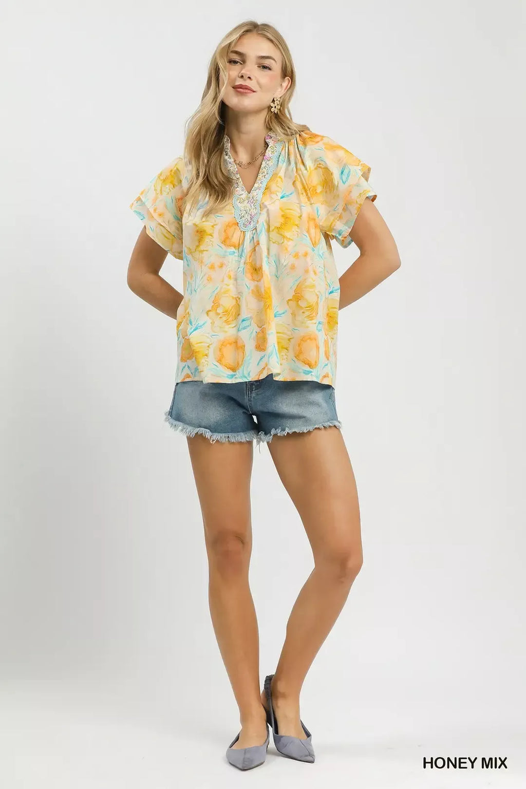 Umgee Mix Floral Print Blouse with Crochet Lace Trim