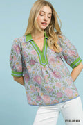 Umgee Mix Floral Puff Sleeve Blouse with Contrast Trim in Blue