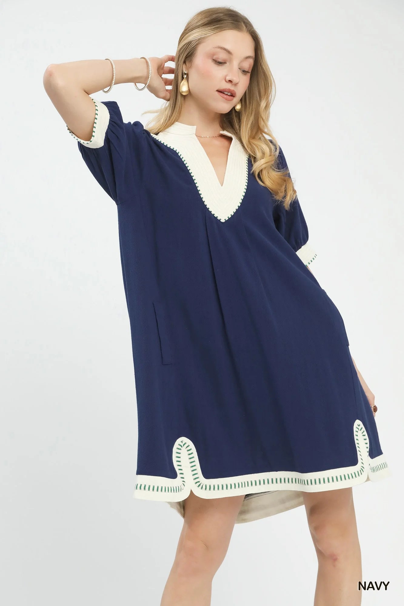 Umgee Linen Contrast Trim Midi Dress in Navy