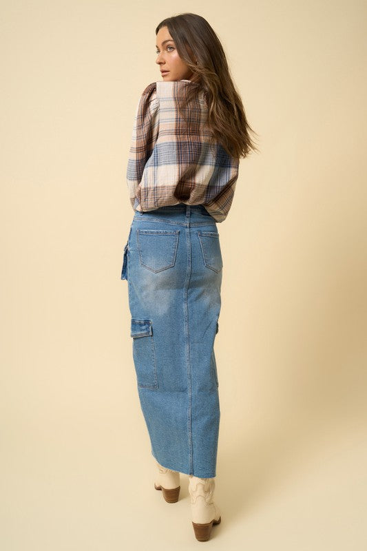 Denim Lab USA | Super Maxi Denim Cargo Skirt