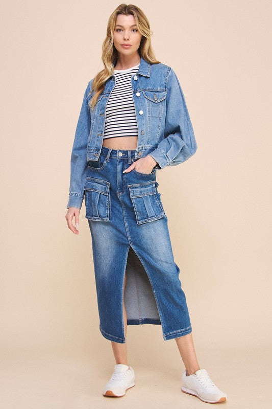 Denim Lab USA | Front Slit Cargo Denim Skirt