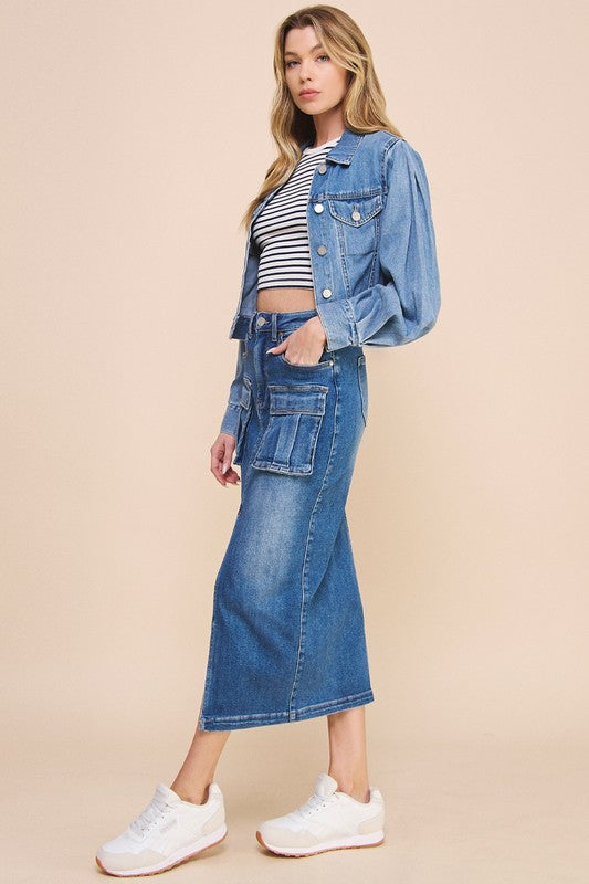 Denim Lab USA | Front Slit Cargo Denim Skirt