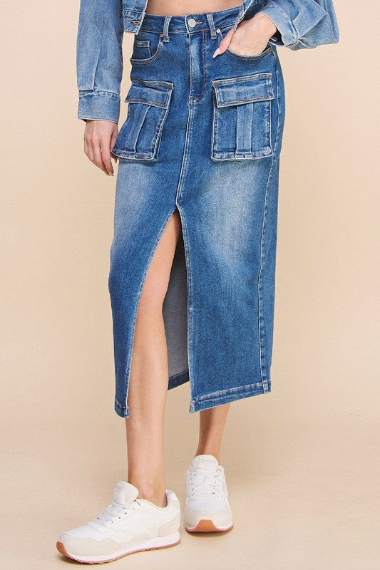 Denim Lab USA | Front Slit Cargo Denim Skirt