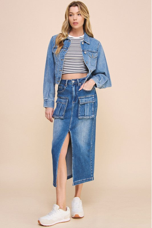 Denim Lab USA | Front Slit Cargo Denim Skirt
