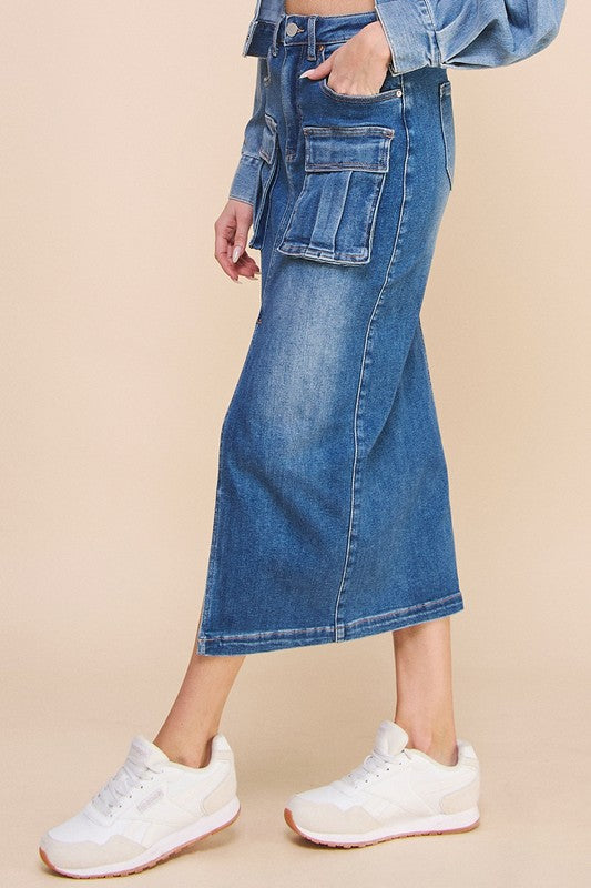 Denim Lab USA | Front Slit Cargo Denim Skirt