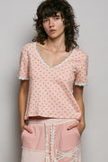POL Floral V-Neck Short Sleeve Rib T-Shirt in Pink