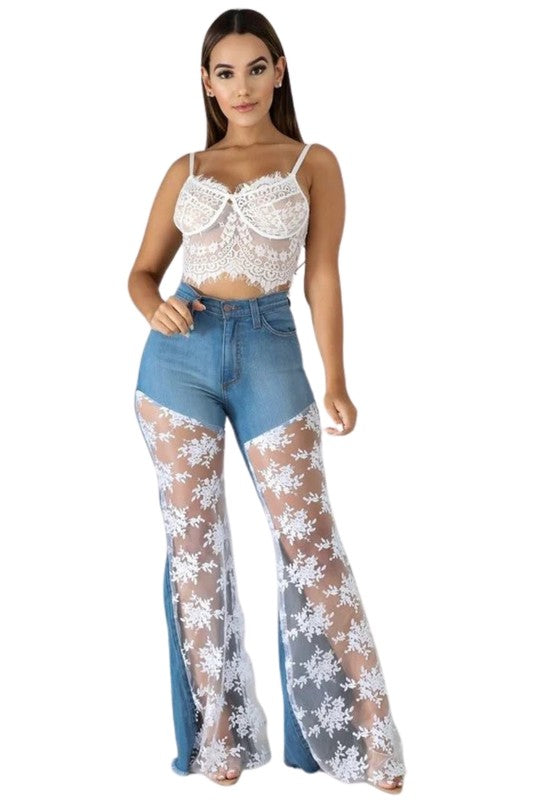GJG Denim |Lace Bell Bottom Jean in Medium Wash
