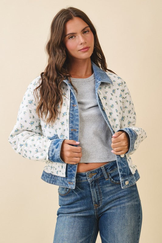 Aemi + Co |Floral Quilted Denim Trim Jacket