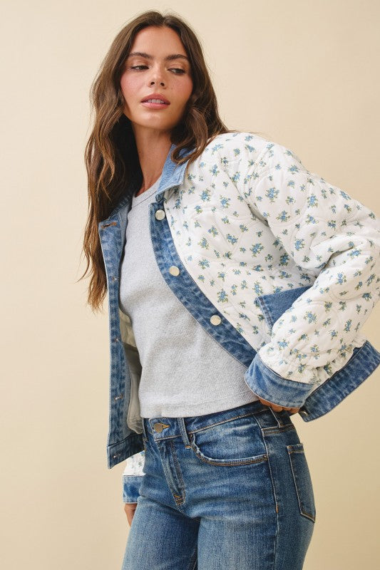Aemi + Co |Floral Quilted Denim Trim Jacket