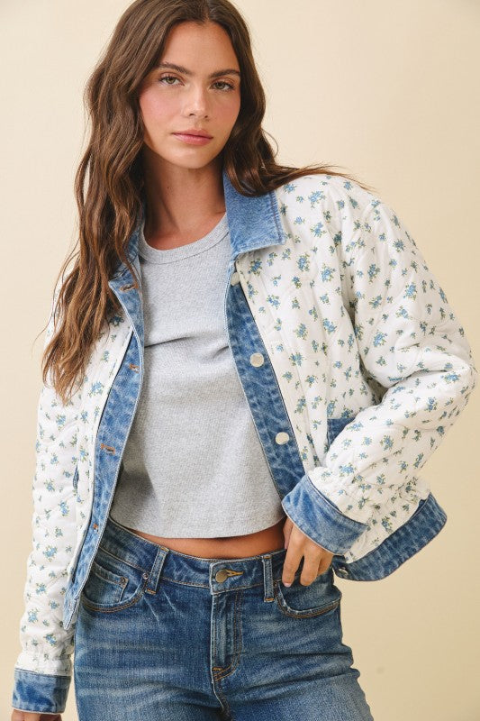 Aemi + Co |Floral Quilted Denim Trim Jacket