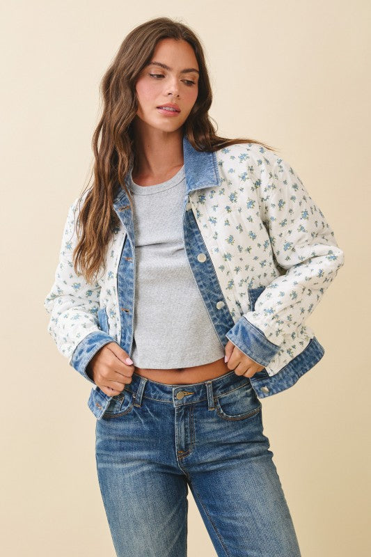 Aemi + Co |Floral Quilted Denim Trim Jacket