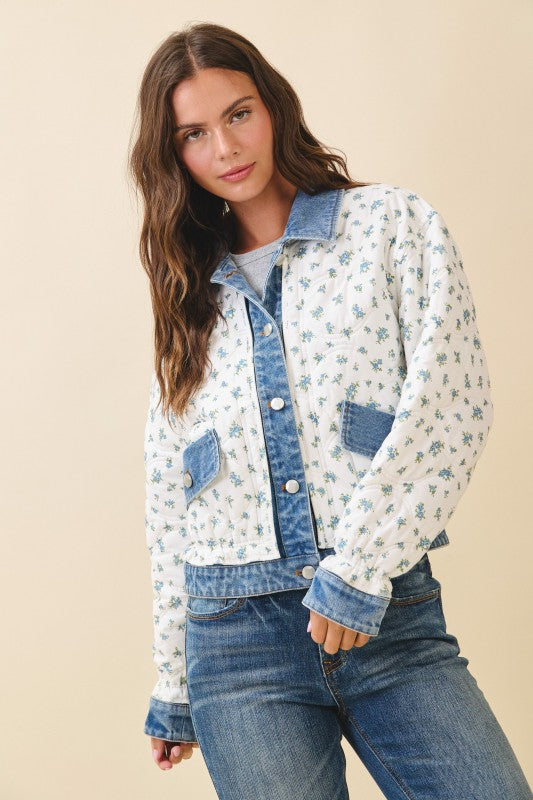 Aemi + Co |Floral Quilted Denim Trim Jacket