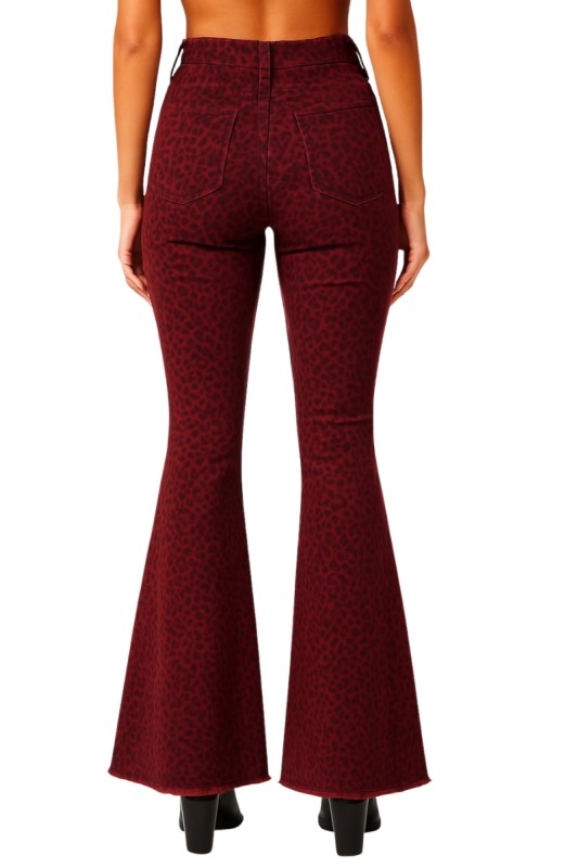 GJG Denim Burgundy Leopard Bell Bottom Jean with Raw Hem