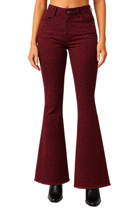 GJG Denim Burgundy Leopard Bell Bottom Jean with Raw Hem