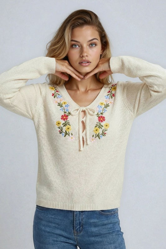 Miss Sparkling |Floral Embroidered V-Neck Sweater