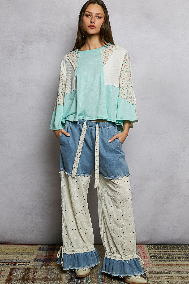 POL Exposed Seam Floral Patchwork Round Neck Textured Slub Knit Top in Aqua