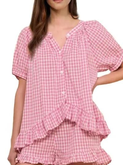 Miss Sparkling |Gingham Ruffle Pajama Set