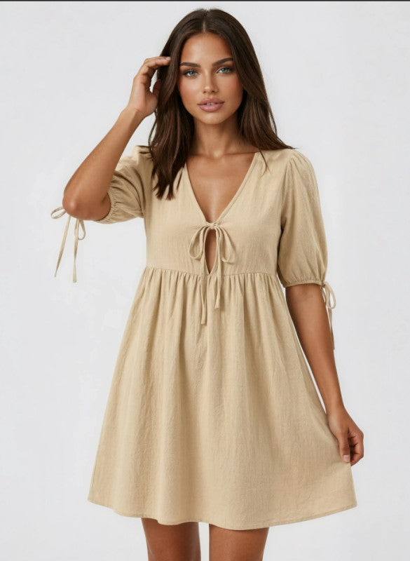 Miss Sparkling |V-Neck Tie-Detail Puff Sleeve Mini Dress